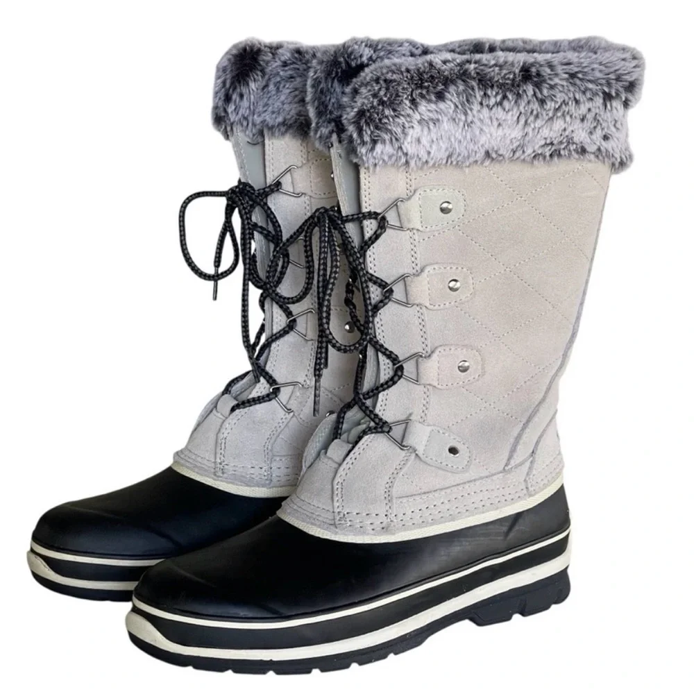 KHOMBU women’s Emily grey black suede lace‎ up winter snow Boots faux fur trim 8